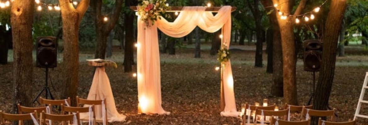 бюджетная свадьба. Свадебная арка в лесу и стулья